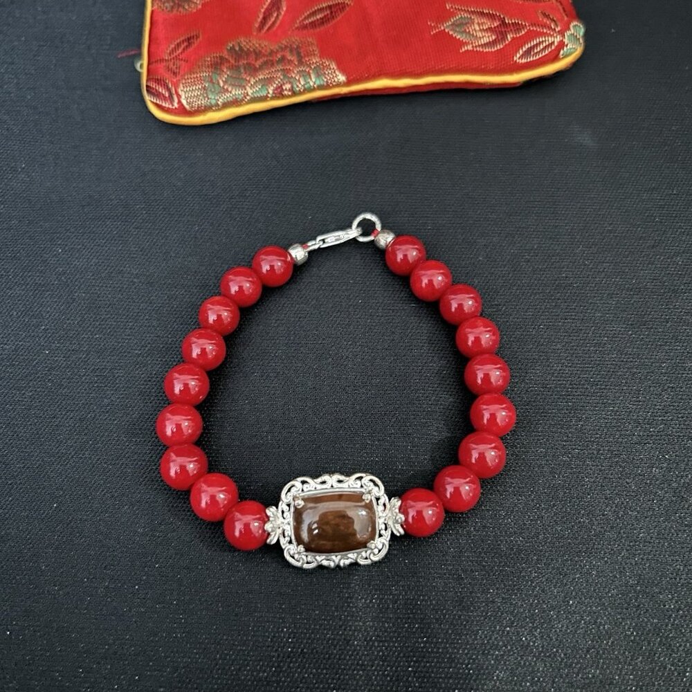 Dioy 925 Red Beaded Bracelet And Brown Gemstone With Chines Red Jewelry Pouch